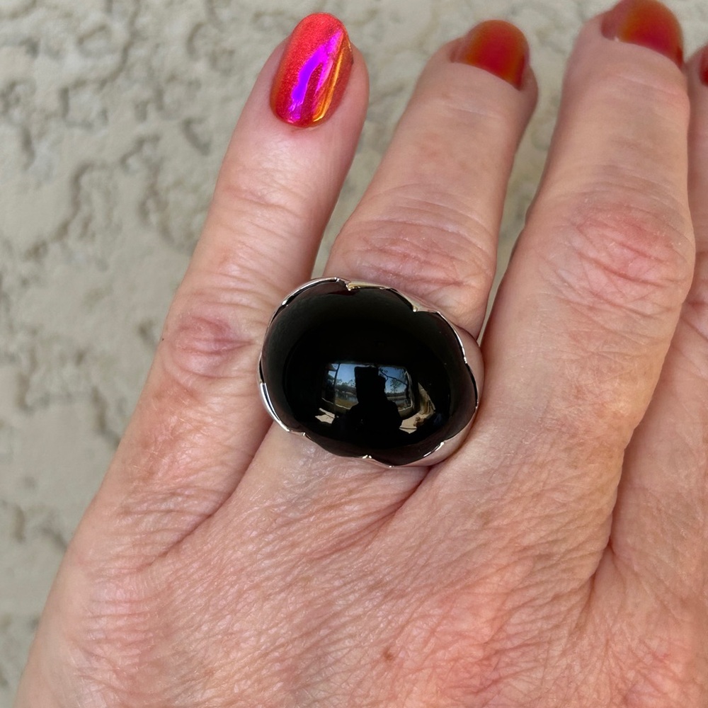 Camille Lucie Silver Plated High Dome Black Lucite Statement Ring